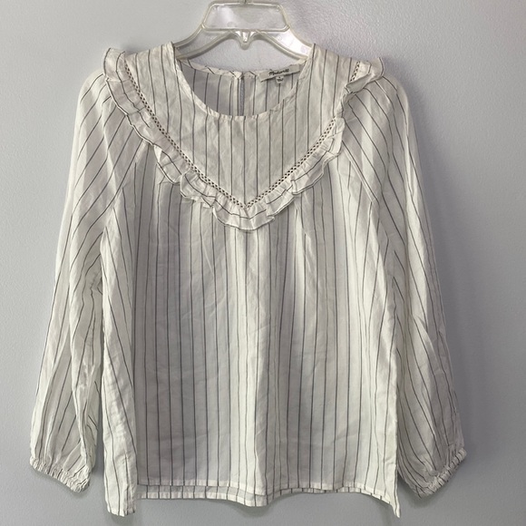 Madewell Tops - Madewell white/black striped long sleeve ruffle blouse size small